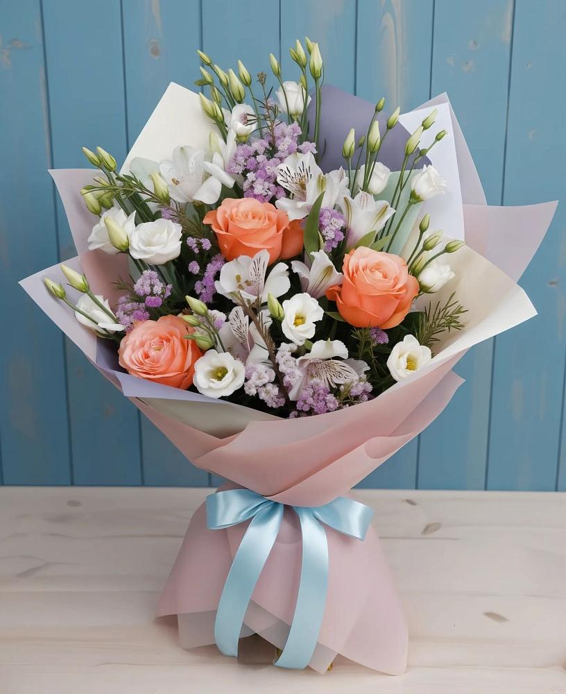 Букет цветов из: Лизиантусы, Розы, Альстромерии и Гипсофила в Фаустово