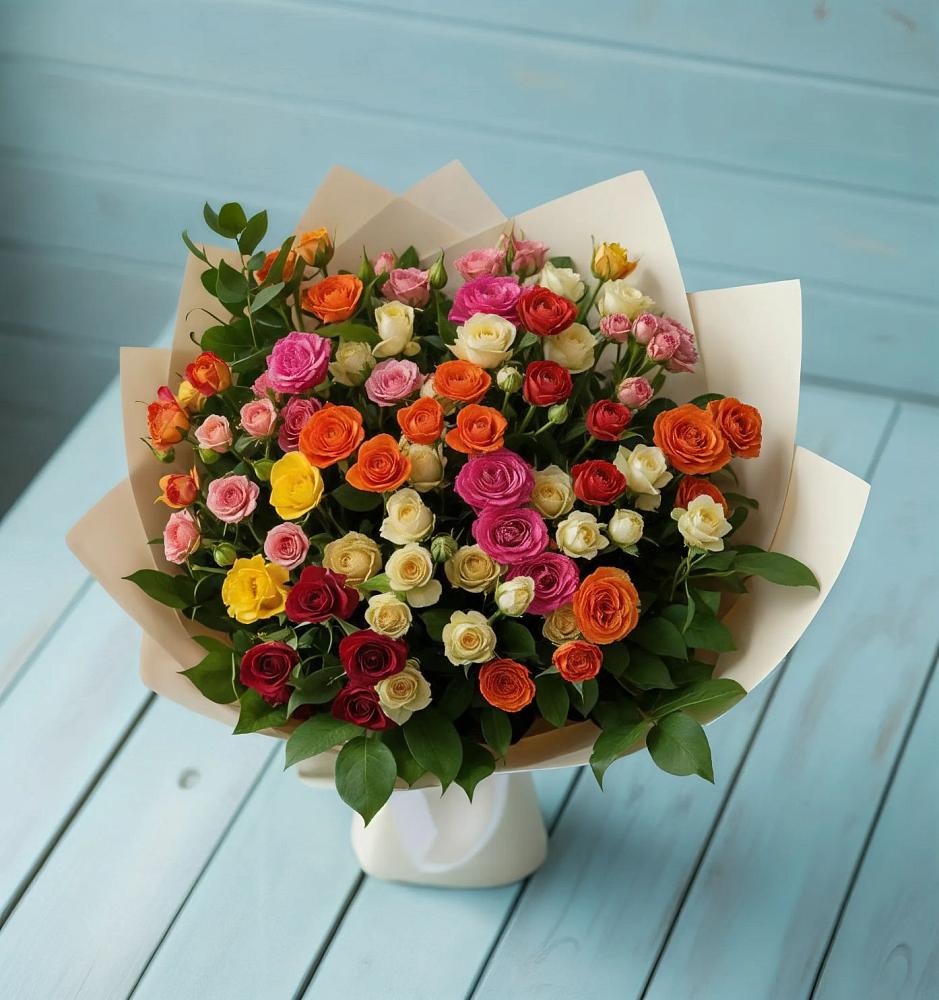 Букет Микс из разноцветных кустовых роз в Фаустово