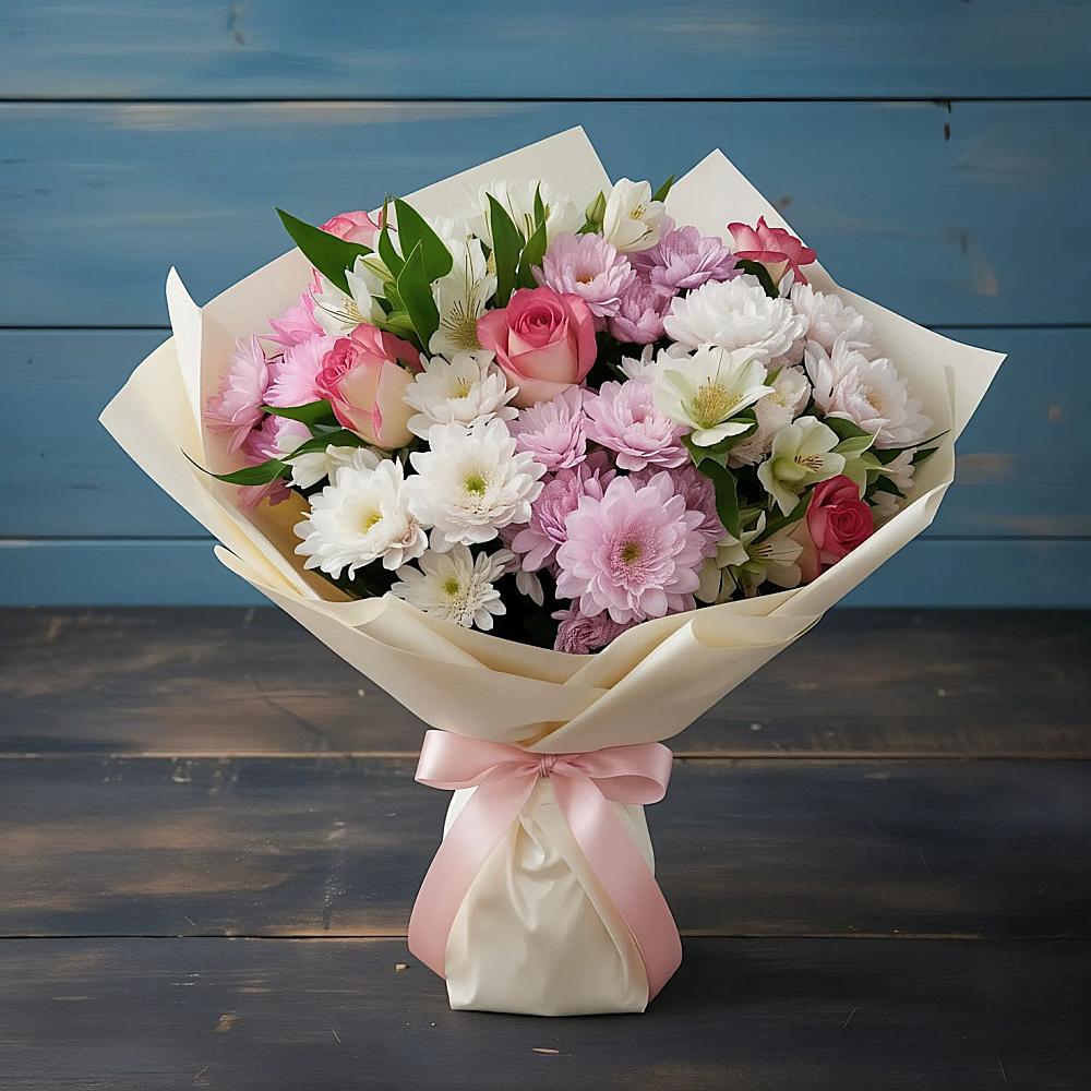 Букет цветов из: Хризантемы, Альстромерии и Розы в Фаустово